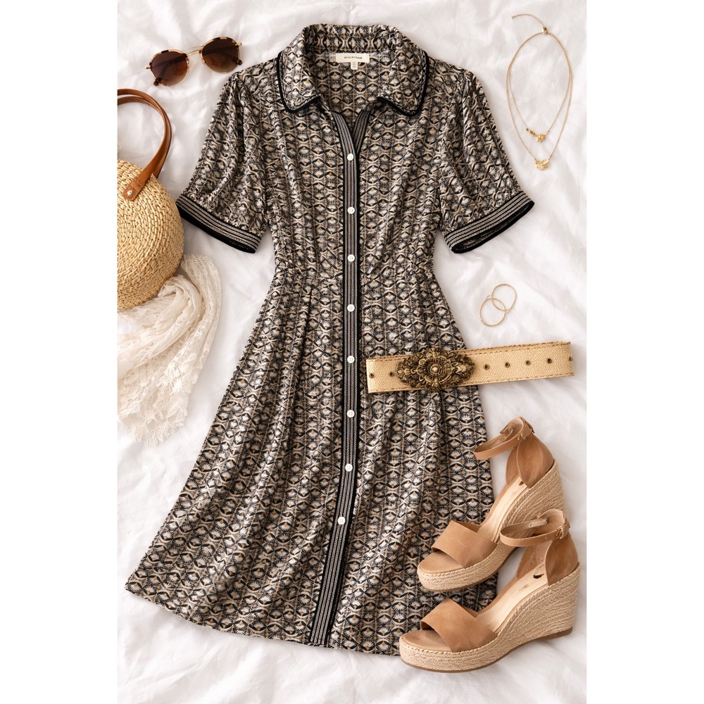 Max Studio Shirt Dress Black Cream Print Button Front Midi‎ Boho Retro Size M